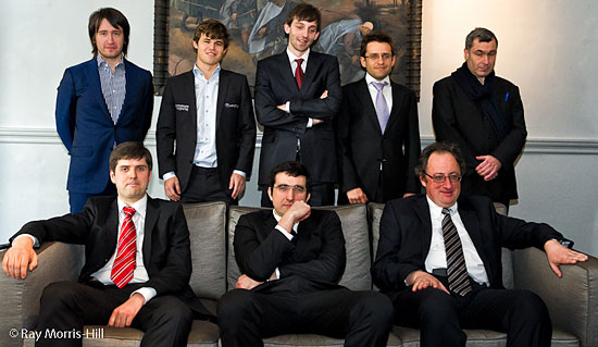 The eight candidates: Teimour Radjabov, Magnus Carlsen, Alexander Grischuk, Levon Aronian, Vassily Ivanchuk (standing); Peter Svidler, Vladimir Kramnik, Boris Gelfand