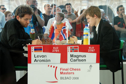 Levon Aronian pawning off against Magnus Carlsen.