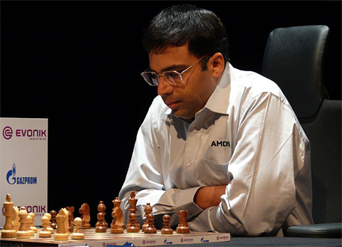 Viswanathan Anand focuses in game three. Photo by Frederic Friedel.