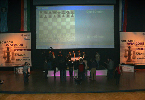 The stage with the sheer curtain. Photo © Frederic Friedel, ChessBase.