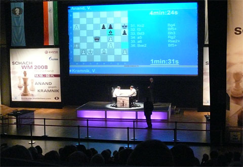 Two titans battle it out as time pressure looms near. Photo by Frederic Friedel (ChessBase).