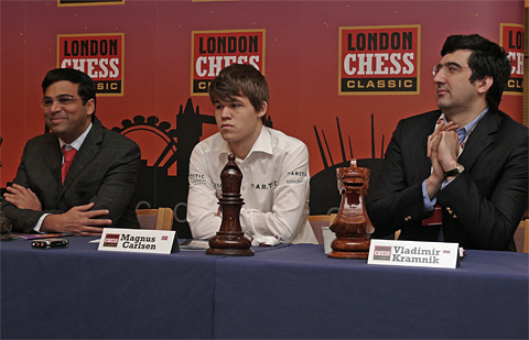 GMs Viswanathan Anand, Magnus Carlsen and Vladimir Kramnik. Photo by Frederic Friedel.