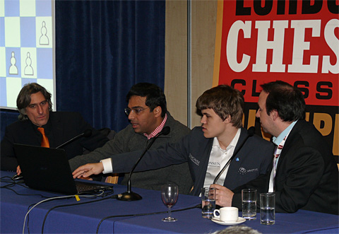 2012 Heavyweight clash... Anand won this game but Carlsen won the tournament... again. Photo by Frederic Friedel.
