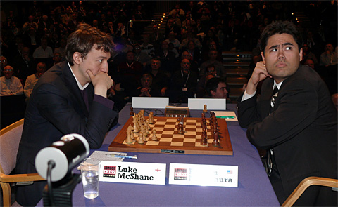 Nakamura (right) played well, but allowed McShane to snatch a draw from the jaws of defeat. Photo by Christian Sasse.